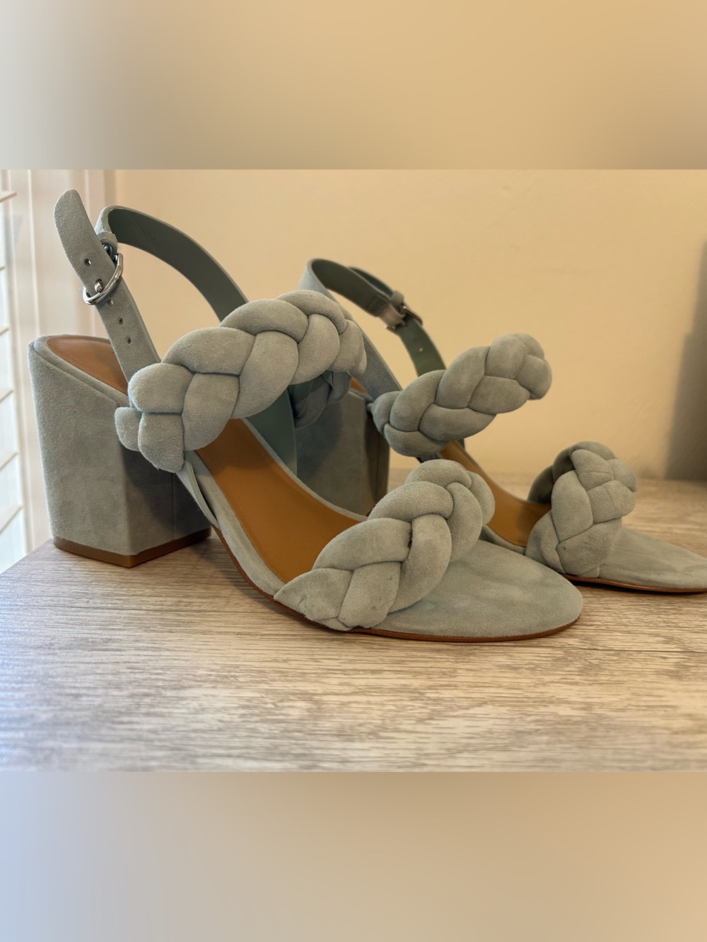New Rebecca Minkoff 8.5 Braided Strap Suede Block Heel Sandals - dusty blue